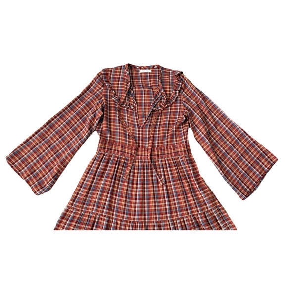 DOEN Honey Dress Midi Maxi Blue Autumn Plaid Prairie Boho Orange Red Women's S - Picture 9 of 14